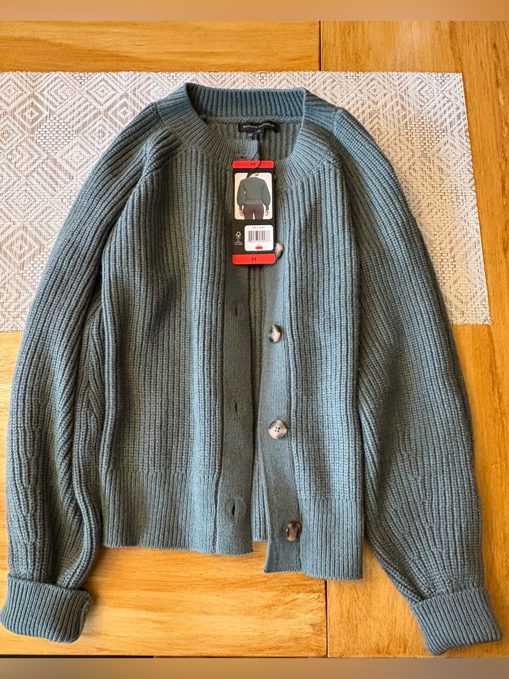 Banana Republic Slate Green Ribbed Button Cardigan - Puff Sleeves Womens sz M